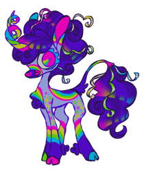 Size: 840x1000 | Tagged: safe, artist:peaceandlove26, oc, oc only, oc:kaleidoscope fizzle streamers, pony, unicorn, 2021, big eyes, blue eyelashes, chest fluff, cloven hooves, coat markings, colored chest fluff, colored eyelashes, colored hooves, colored horn, colored muzzle, colored pinnae, colored tail, concave belly, confetti in tail, curly mane, curly tail, curved horn, dark muzzle, facial markings, fetlock tuft, hair accessory, hooves, horn, lavender coat, leg markings, leonine tail, looking back, mane accessory, mismatched hooves, multicolored ears, multicolored hooves, multicolored tail, no catchlights, old art, pink eyes, profile, purple coat, purple mane, purple tail, rainbow ears, rainbow horn, rainbow muzzle, rainbow tail, shiny mane, shiny tail, shrunken pupils, simple background, smiling, snip (coat marking), socks (coat markings), standing, streamers, tail, tail accessory, tail fluff, tall ears, thin, tongue out, transparent background, unicorn oc, unique horn