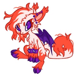 Size: 700x700 | Tagged: safe, artist:peaceandlover26, artist:twinklewish, oc, oc only, oc:marrow, bat pony, pony, 2021, bat pony oc, big ears, blank flank, bushy tail, chest fluff, coat markings, colored eyebrows, colored eyelashes, colored hooves, colored pinnae, ear fluff, ear piercing, ear tufts, earring, facial markings, female, female oc, hooves, industrial piercing, jewelry, looking back, mare, mare oc, messy mane, messy tail, no catchlights, no mouth, no pupils, old art, piercing, ponified, ponified oc, purple eyes, purple hooves, red eyelashes, shiny hooves, simple background, sitting, snip (coat marking), socks (coat markings), tail, thin, three quarter view, two toned mane, two toned tail, unshorn fetlocks, white background, white coat