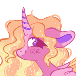 Size: 500x500 | Tagged: safe, artist:peaceandlove26, oc, oc only, oc:princess ambrosia, alicorn, pony, alicorn oc, blaze (coat marking), blush scribble, blushing, bust, coat markings, colored eartips, colored horn, colored pinnae, colored wings, colored wingtips, curved horn, ethereal mane, facial markings, female, female oc, floppy ears, folded wings, gradient mane, horn, mare, mare oc, not luster dawn, orange wingtips, pink wings, princess oc, profile, profile picture, purple eyes, simple background, smiling, sparkly eyes, sparkly mane, striped horn, three toned ears, three toned wings, white background, wingding eyes, wings