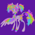 Size: 900x900 | Tagged: safe, artist:peaceandlove26, oc, oc only, oc:starbrite, hippogriff, hybrid, 2021, big eyes, body freckles, bow, butt fluff, chest fluff, coat markings, colored chest fluff, colored eyelashes, colored hooves, colored wings, colored wingtips, cutie mark on hippogriff, eye clipping through hair, facial markings, fangs, freckles, hair bow, heart, heart eyes, hippogriff oc, hooves, hybrid oc, leg markings, leg stripes, leonine tail, long legs, looking back, multicolored eyes, multicolored hair, multicolored mane, multicolored wings, old art, one wing out, paws, pigtails, pink eyelashes, profile, purple background, purple bow, purple hooves, rainbow hair, rainbow tail, rainbow wings, rainbow wingtips, shiny eyelashes, shiny hooves, simple background, skinny, smiling, snip (coat marking), socks (coat markings), sparkly mane, sparkly tail, standing, stripes, tail, tail bow, tall ears, thin, thin legs, thin tail, tied mane, torn wings, wide eyes, wingding eyes, wings