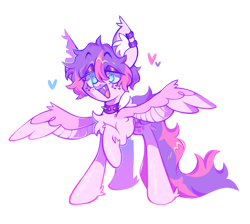 Size: 945x845 | Tagged: safe, artist:peaceandlove26, oc, oc only, oc:puppy love, bat pony, pegasus, pony, 2021, bat pony oc, blue eyes, chest fluff, collar, colored ear fluff, colored mouth, colored pupils, colored wings, ear piercing, ear tufts, earring, eyebrows, eyebrows visible through hair, eyeshadow, fangs, fetlock tuft, floating heart, freckles, heart, jewelry, lidded eyes, long tail, makeup, old art, open mouth, open smile, pegasus oc, piercing, pink coat, pink wings, ponysona, purple eyeshadow, purple mouth, raised hoof, shiny coat, shiny eyes, shiny mane, shiny tail, short mane, simple background, smiling, solo, spiked collar, spread wings, standing, tail, torn ear, transparent background, wings, yellow pupils