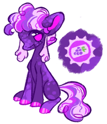 Size: 818x948 | Tagged: safe, artist:peaceandlove26, oc, oc only, oc:grape soda shine, earth pony, g4, 2021, alternate universe, coat markings, colored hooves, colored pinnae, curly mane, curly tail, ear markings, earth pony oc, eye clipping through hair, eyelashes, hooves, leg markings, no pupils, nonbinary, nonbinary oc, offspring, old art, parent:dusk shine, parent:pinkie pie, parents:duskpie, pink eyes, pink hooves, profile, purple coat, shiny hooves, simple background, sitting, spots, spotted, tail, three toned mane, three toned tail, white background