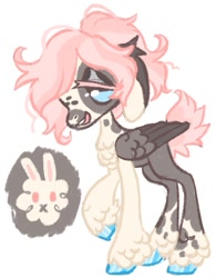 Size: 701x897 | Tagged: safe, artist:peaceandlove26, oc, oc only, oc:dust bunny, pegasus, pony, 2021, blue eyes, blue hooves, brown eyeshadow, brown wingtips, chest fluff, coat markings, colored lineart, colored wings, colored wingtips, ear fluff, eye markings, eyeshadow, facial markings, floppy ears, folded wings, leg markings, lidded eyes, magical lesbian spawn, makeup, messy mane, no pupils, offspring, old art, open mouth, open smile, parent:fluttershy, parent:marble pie, parents:marbleshy, pegasus oc, ponytail, profile, shiny hooves, simple background, smiling, snip (coat marking), standing on three hooves, tail, teeth, tied mane, two toned coat, two toned ears, two toned mane, two toned tail, two toned wings, unshorn fetlocks, white background, wings