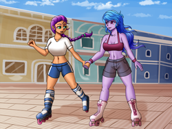 Size: 2400x1800 | Tagged: safe, artist:zachc, izzy moonbow, sunny starscout, human, equestria girls, g4, g5, belly, belly button, big breasts, breasts, busty izzy moonbow, busty sunny starscout, cleavage, clothes, commission, denim, denim shorts, duo, duo female, equestria girls-ified, female, g5 to equestria girls, g5 to g4, generation leap, holding hands, lesbian, looking at each other, looking at someone, maretime bay, open mouth, open smile, outdoors, roller skates, rollerblades, ship:moonscout, shipping, short shirt, shorts, skates, smiling, tank top