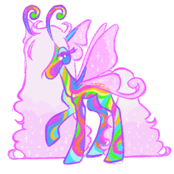 Size: 1000x1000 | Tagged: safe, artist:peaceandlove26, oc, oc only, oc:elegance adora, flutter pony, 2021, antennae, blank flank, blue eyes, eyelashes, impossibly long mane, impossibly long tail, lidded eyes, long mane, long tail, multicolored coat, no mouth, old art, pink mane, pink tail, rainbow coat, raised hoof, simple background, solo, sparkly wings, spread wings, standing on three hooves, tail, three toned mane, three toned tail, white background, wing ears, wings