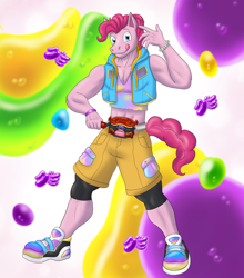 Size: 2080x2365 | Tagged: safe, artist:kamenriderpegasus, pinkie pie, earth pony, anthro, g4, belt, bubble berry, clothes, henshin, kamen rider, kamen rider gavv, male, rule 63, short shirt, shorts, sleeveless