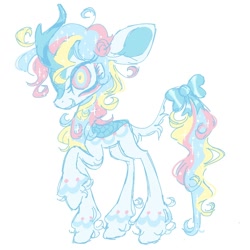 Size: 1000x1000 | Tagged: safe, artist:peaceandlove26, oc, oc only, oc:dreamie (webkinzworldz), kirin, 2021, big ears, big eyes, bow, coat markings, colored horn, colored pinnae, eye markings, eyelashes, horn, kirin oc, leg markings, long tail, multicolored eyes, no catchlights, nonbinary, nonbinary oc, old art, profile, raised hoof, simple background, smiling, solo, sparkles, sparkly mane, sparkly tail, standing on three hooves, tail, tail bow, tail fluff, thin tail, three toned eyes, three toned mane, three toned tail, transgender, transgender oc, unshorn fetlocks, white background, white coat, wide eyes