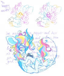 Size: 1500x1776 | Tagged: safe, artist:peaceandlove26, oc, oc only, oc:dreamie (webkinzworldz), bird, chicken, kirin, 2021, big ears, big eyes, bow, coat markings, colored horn, colored pinnae, comic, crying, curly eyelashes, dialogue, easter, eye clipping through hair, eye markings, eyelashes, holiday, horn, kirin oc, leg markings, long tail, looking at something, multicolored eyes, multicolored mane, multicolored tail, no catchlights, nonbinary, nonbinary oc, old art, open mouth, open smile, profile, purple text, raised hoof, sharp teeth, simple background, smiling, solo, sparkles, sparkly eyes, sparkly mane, sparkly tail, standing on three hooves, tail, tail bow, tail fluff, talking, teeth, thin tail, three toned eyes, transgender, transgender oc, unshorn fetlocks, white background, white coat, wide eyes, wingding eyes, yellow pupils