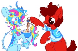 Size: 1510x1000 | Tagged: oc name needed, safe, artist:peaceandlove26, oc, oc only, oc:dreamie (webkinzworldz), earth pony, kirin, pony, 2021, baking, beanbrows, belly fluff, big ears, big eyes, bow, bowl, clothes, cloven hooves, coat markings, colored, colored horn, colored pinnae, curly mane, curly tail, duo, earth pony oc, eye markings, eyebrows, eyelashes, flat colors, food, hoof heart, horn, kirin oc, leg markings, long tail, mixing bowl, multicolored eyes, nonbinary, nonbinary oc, old art, open mouth, open smile, profile, raised hoof, red coat, red mane, red tail, shirt, simple background, smiling, sparkles, sparkly mane, sparkly tail, sprinkles, standing on three hooves, tail, tail bow, tail fluff, thin tail, three toned eyes, three toned mane, three toned tail, tiedye, tongue out, transgender, transgender oc, underhoof, unshorn fetlocks, white background, white coat, wide eyes, wooden spoon