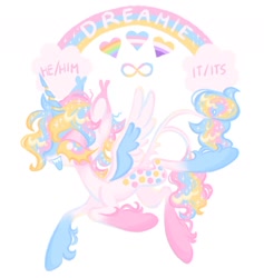 Size: 1500x1585 | Tagged: safe, artist:peaceandlove26, oc, oc only, oc:dreamie (webkinzworldz), alicorn, 2021, ahoge, alicorn oc, autism spectrum disorder, big ears, big eyes, blank flank, blaze (coat marking), blue mouth, cheek fluff, cloud, coat markings, colored eartips, colored horn, colored mouth, colored sclera, colored wings, dots, double tail, ear fluff, ear tufts, eye clipping through hair, eyelashes, facial markings, flying, gay pride flag, gradient ears, gradient legs, horn, infinity symbol, leg fluff, leonine tail, long horn, lying down, multicolored eyes, multiple tails, neck fluff, nonbinary, nonbinary oc, nonbinary pride flag, old art, open mouth, pride, pride flag, profile, rainbow, raised leg, sharp teeth, simple background, sitting, smiling, socks (coat markings), solo, sparkly mane, sparkly tail, spread wings, stars, striped horn, tail, tail fluff, teeth, transgender, transgender oc, transgender pride flag, two tails, two toned wings, unicorn horn, white background, white coat, white text, wings, yellow sclera