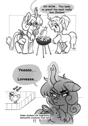 Size: 2100x3024 | Tagged: oc name needed, safe, artist:opalacorn, oc, oc only, bird, chicken, kirin, pony, unicorn, 2 panel comic, apron, clothes, comic, duo, duo female, female, fence, grill, horn, mare, simple background, white background