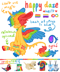 Size: 1500x1808 | Tagged: safe, artist:peaceandlove26, oc, oc only, oc:sunny smiles (webkinzworldz), alicorn, pony, 2021, alicorn oc, autism spectrum disorder, blue text, blush scribble, blushing, colored hooves, colored horn, colored lineart, colored pinnae, colored wings, eyebrows, eyebrows visible through hair, eyelashes, fluffy mane, freckles, gay pride flag, green text, hair over eyes, hooves, horn, infinity symbol, keychain, leg markings, leg stripes, leonine tail, long tail, mismatched ears, mismatched hooves, multicolored hair, multicolored hooves, multicolored mane, multicolored tail, multicolored wings, nonbinary, nonbinary oc, old art, plushie, pride, pride flag, purple eyes, rainbow freckles, rainbow hair, rainbow horn, rainbow text, red text, shiny hooves, simple background, sitting, smiling, solo, stripes, tail, tail fluff, thin tail, tiedye, underhoof, unshorn fetlocks, white background, wings, wolf cut, yellow coat, yellow text