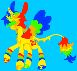 Size: 1487x1369 | Tagged: safe, artist:peaceandlove26, oc, oc only, oc:sunny smiles (webkinzworldz), alicorn, pony, 2021, alicorn oc, blue background, blush scribble, blushing, chest fluff, colored hooves, colored horn, colored lineart, colored wings, eyebrows, eyebrows visible through hair, fluffy mane, freckles, hair over eyes, hooves, horn, leg markings, leg stripes, leonine tail, long tail, mismatched hooves, multicolored hair, multicolored hooves, multicolored mane, multicolored wings, nonbinary, nonbinary oc, old art, profile, rainbow freckles, rainbow hair, rainbow horn, rainbow tail, rainbow wings, saturated, shiny hooves, simple background, smiling, solo, spread wings, stripes, tail, thin tail, unshorn fetlocks, wings, wolf cut, yellow coat