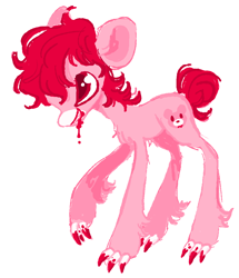 Size: 942x1094 | Tagged: safe, artist:peaceandlove26, pony, 2021, bear ears, blood, bloody mouth, chest fluff, claws, colored muzzle, colored pinnae, facial markings, gloomy bear, hoof claws, leg fluff, mealy mouth (coat marking), narrowed eyes, old art, pale muzzle, ponified, profile, red eyes, red mane, red pupils, red tail, sharp teeth, simple background, smiling, solo, tail, teeth, white background