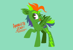 Size: 1316x900 | Tagged: safe, artist:peaceandlove26, oc, oc only, oc:ammolite zap, pegasus, pony, 2021, alternate universe, cascading cutie mark, colored eyebrows, colored pupils, female, female oc, floating eyebrows, lineless, looking back, mare, mare oc, multicolored hair, multicolored mane, old art, one eye closed, orange text, pegasus oc, pixel-crisp art, purple eyes, purple pupils, rainbow hair, rainbow tail, raised hoof, solo, spread wings, standing, standing on three hooves, tail, tongue out, torn ear, turned head, wings, wink