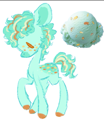 Size: 571x670 | Tagged: safe, artist:peaceandlove26, oc, oc only, oc:minty scoops, earth pony, pony, 2021, big ears, blank flank, brown eyes, coat markings, colored hooves, colored pinnae, curly mane, curly tail, dot eyes, ear fluff, earth pony oc, facial markings, fluffy mane, fluffy tail, food, freckles, green coat, green mane, green tail, hooves, ice cream, looking down, male, male oc, mint coat, no mouth, old art, orange hooves, profile, simple background, snip (coat marking), solo, stallion, stallion oc, striped mane, striped tail, tail, thin legs, three toned mane, three toned tail, white background