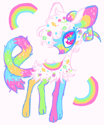 Size: 1216x1452 | Tagged: safe, artist:peaceandlove26, part of a set, oc, oc only, oc:fruityswirl, goat, 2021, barely pony related, big ears, blue eyelashes, cloven hooves, coat markings, colored eyelashes, colored head, colored horns, colored legs, colored muzzle, colored pinnae, curly tail, eyelashes, fluffy, goat oc, hair accessory, horns, long tail, mane accessory, multicolored tail, non-pony oc, old art, pink eyes, profile, ram horns, simple background, smiling, solo, sparkly, sparkly ears, sparkly tail, tail, white background, white hair, wingding eyes