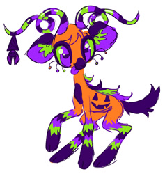 Size: 1142x1203 | Tagged: safe, artist:peaceandlove26, part of a set, oc, oc only, oc:spookley, bat, goat, barely pony related, big ears, chest marking, cloven hooves, coat markings, colored ear fluff, colored ears, colored horns, colored pinnae, colored pupils, colored sclera, colored tail, colored tongue, curved horns, eye markings, eyelashes, facing you, goat oc, green sclera, halloween, holiday, leg markings, long legs, looking at you, male, male oc, non-pony oc, orange fur, purple eyes, purple pupils, purple tail, purple tongue, raised hoof, rectangular pupil, requested art, simple background, smiling, smiling at you, socks (coat markings), solo, standing on three hooves, tail, thin legs, white background