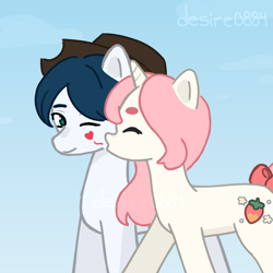 Size: 4000x4000 | Tagged: oc name needed, safe, artist:desire0884, oc, oc:desire berry, earth pony, pony, unicorn, blue hair, bow, boyfriend and girlfriend, cheek kiss, couple, cowboy hat, cute, duo, duo male and female, eyes closed, female, female on male, food, gradient background, hat, horn, kissing, male, mare, mare on stallion, one eye closed, pink hair, pony on pony action, simple background, sky, stallion, straight, strawberry, tail, tail bow, walking, wink