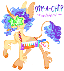 Size: 1301x1454 | Tagged: safe, artist:peaceandlove26, oc, oc only, oc:dip-a-chip, pony, unicorn, g4, blank flank, blue mouth, coat markings, colored ears, colored hooves, colored horn, colored teeth, curly mane, curly tail, curved horn, ear tufts, freckles, genderfluid, genderfluid pride flag, glasses, hair tie, hooves, horn, keyboard, leg markings, lesbian pride flag, long horn, long legs, musical instrument, next generation, nonbinary oc, nonbinary pride flag, open mouth, open smile, orange hooves, parents:cheesefavor, piano, pride, pride flag, profile, purple text, sharp teeth, shiny hooves, shiny mane, shiny tail, simple background, smiling, socks (coat markings), solo, star glasses, star sunglasses, sunglasses, tail, tall ears, teeth, thin legs, thin tail, unicorn horn, unicorn oc, white background, yellow coat