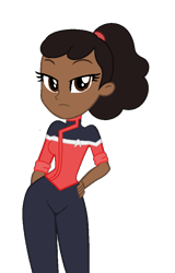 Size: 609x954 | Tagged: safe, artist:robertsonskywa1, human, star trek: sunset shimmer, equestria girls, g4, african american, beckett mariner, black hair, brown eyes, brown hair, clothes, dark skin, equestria girls-ified, female, hand on hip, photo, ponytail, simple background, solo, star trek, star trek lower decks, transparent background, unamused, uniform