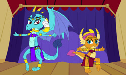 Size: 1153x693 | Tagged: safe, artist:detailedatream1991, princess ember, smolder, dragon, g4, anklet, belly dancer, belly dancer outfit, bracelet, dragoness, duo, duo female, female, indoors, jewelry, loincloth, midriff, necklace, stage