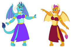 Size: 1077x742 | Tagged: safe, artist:mlp-headstrong, princess ember, smolder, dragon, anthro, g4, anklet, belly dancer, belly dancer outfit, bracelet, breasts, busty princess ember, busty smolder, cleavage, clothes, dragoness, duo, duo female, female, jewelry, lizard breasts, midriff, necklace, side slit, simple background, skirt, transparent background