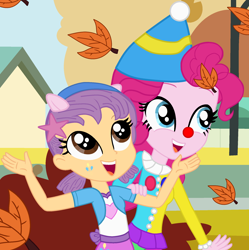 Size: 1960x1968 | Tagged: safe, artist:user15432, artist:yaya54320bases, pinkie pie, human, equestria girls, g4, autumn leaves, base used, bubble guppies, clothes, clown, clown hat, clown nose, costume, crossover, cutie mark on clothes, cutie mark on human, equestria girls style, equestria girls-ified, female, hairpin, halloween, halloween costume, hat, headband, holiday, leaf, leaves, nick jr., nickelodeon, oona, oona (bubble guppies), open mouth, open smile, pinkie pie costume, pony ears, red nose, smiling