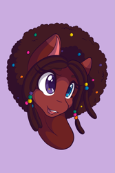 Size: 1365x2048 | Tagged: safe, artist:mscolorsplash, oc, oc only, oc:cosmic brownie, earth pony, pony, afro, bald face, beads, blaze (coat marking), bust, coat markings, colored pupils, dreadlocks, ear markings, eyebrows, eyebrows visible through hair, facial markings, female, heart, heart eyes, heterochromia, mare, open mouth, open smile, patreon, patreon reward, purple background, simple background, smiling, solo, wingding eyes