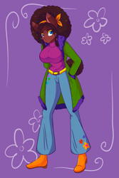 Size: 1365x2048 | Tagged: safe, artist:mscolorsplash, oc, oc only, earth pony, anthro, plantigrade anthro, afro, bellbottoms, big breasts, breasts, busty oc, clothes, colored pupils, female, hand in pocket, heterochromia, huge breasts, jacket, mare, patreon, patreon reward, purple background, simple background, solo