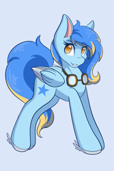 Size: 1365x2048 | Tagged: safe, artist:mscolorsplash, oc, oc only, pegasus, pony, colored pupils, colored wings, colored wingtips, eyebrows, eyebrows visible through hair, female, goggles, goggles around neck, grin, light blue background, mare, patreon, patreon reward, simple background, smiling, solo, wings