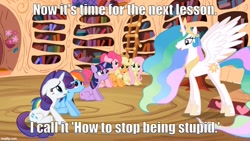 Size: 889x500 | Tagged: safe, edit, edited screencap, screencap, applejack, fluttershy, pinkie pie, princess celestia, rainbow dash, rarity, twilight sparkle, alicorn, pegasus, pony, unicorn, g4, lesson zero, season 2, caption, folded wings, golden oaks library, image macro, imgflip, indoors, mane six, movie reference, text, thomas and the magic railroad, unicorn twilight, wings