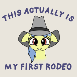 Size: 1500x1500 | Tagged: safe, artist:vomitvomiting, apple flora, earth pony, pony, g4, apple family member, drawthread, female, filly, floppy ears, foal, gray background, hat, looking at you, ponified, requested art, simple background, solo, talking to viewer, text