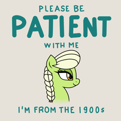 Size: 1500x1500 | Tagged: safe, artist:vomitvomiting, granny smith, earth pony, pony, g4, braid, drawthread, female, gray background, mare, ponified, profile, requested art, simple background, solo, text, young granny smith, younger