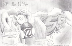 Size: 2500x1595 | Tagged: safe, artist:earthquake87, fluttershy, nightmare moon, princess luna, bat pony, g4, bat ponified, box, flutterbat, gramophone, monochrome, mouth hold, plushie, race swap, record, record player, sketch, sleeping