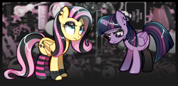 Size: 3878x1890 | Tagged: safe, artist:scarffist, derpibooru exclusive, fluttershy, twilight sparkle, alicorn, pegasus, pony, g4, alternate hairstyle, base used, broken horn, choker, clothes, duo, duo female, ear piercing, earring, emo, emo twilight, emoshy, eyelashes, female, gloves, goth, horn, jewelry, lip piercing, looking down, looking up, meme, piercing, sad, socks, stockings, striped socks, thigh highs, twilight sparkle (alicorn), we're emo, wings