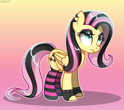 Size: 2223x1980 | Tagged: safe, artist:scarffist, derpibooru exclusive, fluttershy, pegasus, pony, g4, alternate hairstyle, base used, clothes, ear piercing, emo, emoshy, eyelashes, gloves, gradient background, long hair, long mane, long tail, looking up, piercing, sad, socks, solo, stockings, striped socks, tail, thigh highs, wings