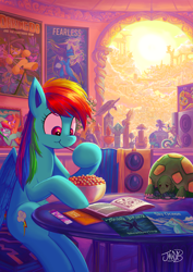 Size: 3508x4961 | Tagged: safe, artist:jowyb, daring do, fluttershy, rainbow dash, scootaloo, soarin', tank, big cat, dragon, eastern dragon, griffon, pegasus, pony, tortoise, pink fluffy unicorns dancing on rainbows, g4, bookmark, cereal, cloudsdale, eating, female, food, indoors, lecture, male, mare, poster, rainbow dash's house, reading, scenery, scenery porn, sitting, trophy, voice actor joke