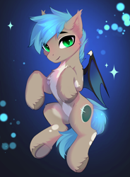 Size: 3253x4426 | Tagged: safe, artist:empress-twilight, oc, oc only, oc:white phosphor, bat pony, pony, bat wings, belly, blushing, cheek fluff, chest fluff, commission, ear fluff, fangs, fluffy, looking at you, male, partially open wings, slit pupils, solo, sparkles, stallion, tail, underhoof, unshorn fetlocks, wings, ych result