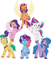 Size: 2859x3289 | Tagged: safe, artist:prixy05, hitch trailblazer, izzy moonbow, misty brightdawn, pipp petals, sunny starscout, zipp storm, alicorn, earth pony, pegasus, pony, unicorn, g5, my little pony: tell your tale, belly, countershading, diverse body types, eyes closed, female, horn, male, mane five, mane six (g5), mane stripe sunny, mare, physique difference, pony pyramid, race swap, raised hoof, rearing, rebirth misty, royal sisters (g5), siblings, simple background, sisters, slender, stallion, sunny's bag, sunnycorn, thin, unitober 2024, white background