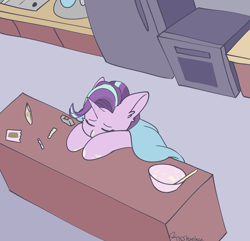 Size: 3801x3670 | Tagged: safe, artist:tkshoelace, starlight glimmer, pony, unicorn, g4, baking, blanket, counter, ear fluff, female, floppy ears, hooves on the table, horn, indoors, oven, refrigerator, sink, sleeping, solo