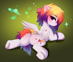 Size: 3752x3204 | Tagged: safe, alternate version, artist:empress-twilight, oc, oc only, oc:comet strike, pegasus, pony, g4, g5, bandaid, bandaid on nose, blushing, both cutie marks, bracelet, butt, butt blush, colored wings, commission, dock, ear fluff, ear piercing, female, gradient background, hooves, jewelry, looking at you, looking back, looking back at you, lying down, mare, multicolored hair, multicolored mane, multicolored wings, pegasus oc, pegasus wings, piercing, plot, prone, purple eyes, rear view, smiling, smiling at you, solo, sparkles, sploot, spread legs, spreading, tail, tail aside, underhoof, wings, ych result