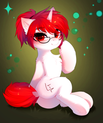 Size: 3288x3920 | Tagged: safe, artist:empress-twilight, oc, oc only, oc:sanguine shard, pony, unicorn, butt, cheek fluff, chest fluff, commission, dock, ear fluff, eye clipping through hair, eyebrows, eyebrows visible through hair, female, glasses, horn, leg fluff, looking at you, mare, plot, smiling, smiling at you, solo, sparkles, tail, underhoof, unicorn oc, ych result