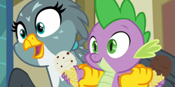 Size: 1886x932 | Tagged: safe, screencap, gabby, spike, dragon, griffon, dragon dropped, g4, season 9, cute, duo, duo male and female, female, food, gabbybetes, holding a dragon, holding a spike, ice cream, male, spikabetes, winged spike, wings