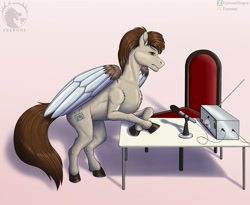 Size: 2560x2103 | Tagged: safe, artist:feeronedragon, oc, oc only, oc:sanchous, pegasus, pony, equestria at war mod, fanfic:the prophecy, fanfic:пророчество, brown mane, chair, discontent, fanfic art, gray fur, microphone, radio, solo, table