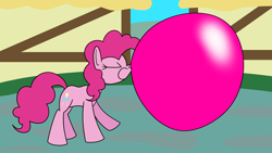 Size: 1920x1080 | Tagged: safe, artist:platinumdrop, pinkie pie, earth pony, pony, g4, blowing bubblegum, bubble, bubblegum, eyes closed, female, mare, outdoors, request, solo