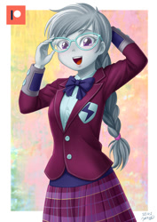 Size: 848x1200 | Tagged: safe, artist:uotapo, silver spoon, human, equestria girls, g4, alternate hairstyle, blushing, bowtie, clothes, crystal prep academy uniform, cute, female, glasses, necktie, older, older silver spoon, open mouth, open smile, passepartout, school uniform, silverbetes, skirt, smiling, solo, sunny flare's wrist devices, uotapo is trying to murder us