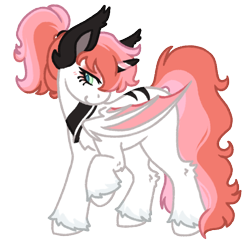 Size: 1000x1000 | Tagged: safe, artist:kazmuun, oc, oc only, oc:licorice love, alicorn, bat pony, bat pony alicorn, pony, alicorn oc, bat pony alicorn oc, bat pony oc, bat wings, blush lines, blushing, chest fluff, chibi, colored ears, colored fetlocks, colored hooves, colored horn, colored lineart, colored pinnae, colored pupils, colored wings, ear tufts, eyelashes, eyeshadow, female, female oc, folded wings, green eyes, hock fluff, hooves, horn, lidded eyes, long tail, looking away, makeup, mare, mare oc, no catchlights, pink eyeshadow, ponytail, profile, raised hoof, simple background, smiling, solo, standing, standing on three hooves, tail, teal pupils, three toned horn, three toned mane, three toned tail, tied mane, transparent background, two toned wings, unshorn fetlocks, white coat, white hooves, wings