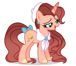 Size: 1399x1220 | Tagged: safe, alternate version, artist:cstrawberrymilk, oc, oc only, oc:golden rose, pony, unicorn, base used, beret, blue bow, bow, colored hooves, ear piercing, earring, eyelashes, female, gradient mane, gradient tail, hat, hooves, horn, jewelry, lidded eyes, long mane, long tail, mare, neckerchief, open mouth, open smile, piercing, pink coat, red mane, red tail, show accurate, simple background, smiling, solo, sparkly eyeshadow, tail, tail accessory, tail bow, teal eyes, three quarter view, transparent background, unicorn horn, unicorn oc, yellow hooves