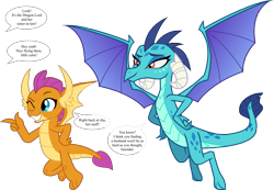 Size: 7090x4916 | Tagged: safe, artist:frownfactory, artist:mattbas, edit, vector edit, princess ember, smolder, dragon, g4, she's all yak, .svg available, absurd resolution, cute, dragoness, duo, duo female, female, flirting, flying, implied emble, one eye closed, pointing, simple background, sisters-in-law, smolderbetes, speech bubble, svg, transparent background, vector, wings